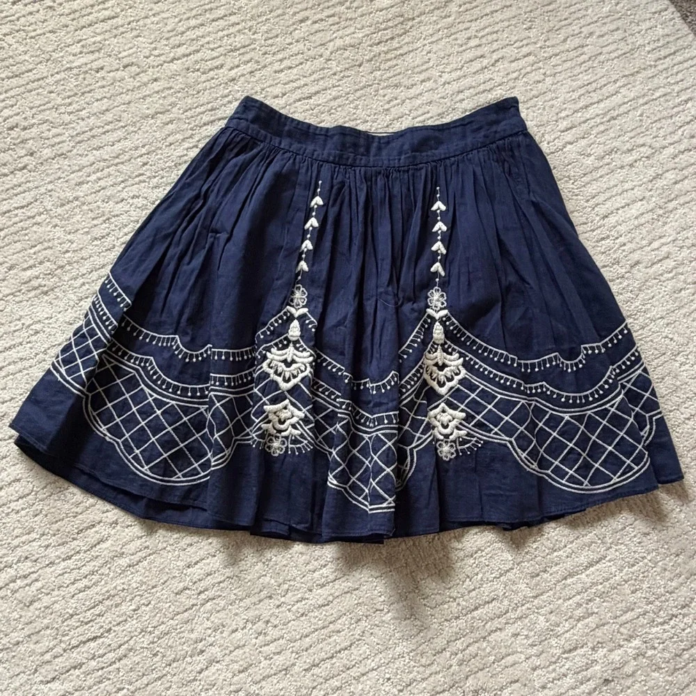 Quiksilver Navy Blue Embroidered 100% Cotton Mini Skirt Beachy Boho XS Feminine